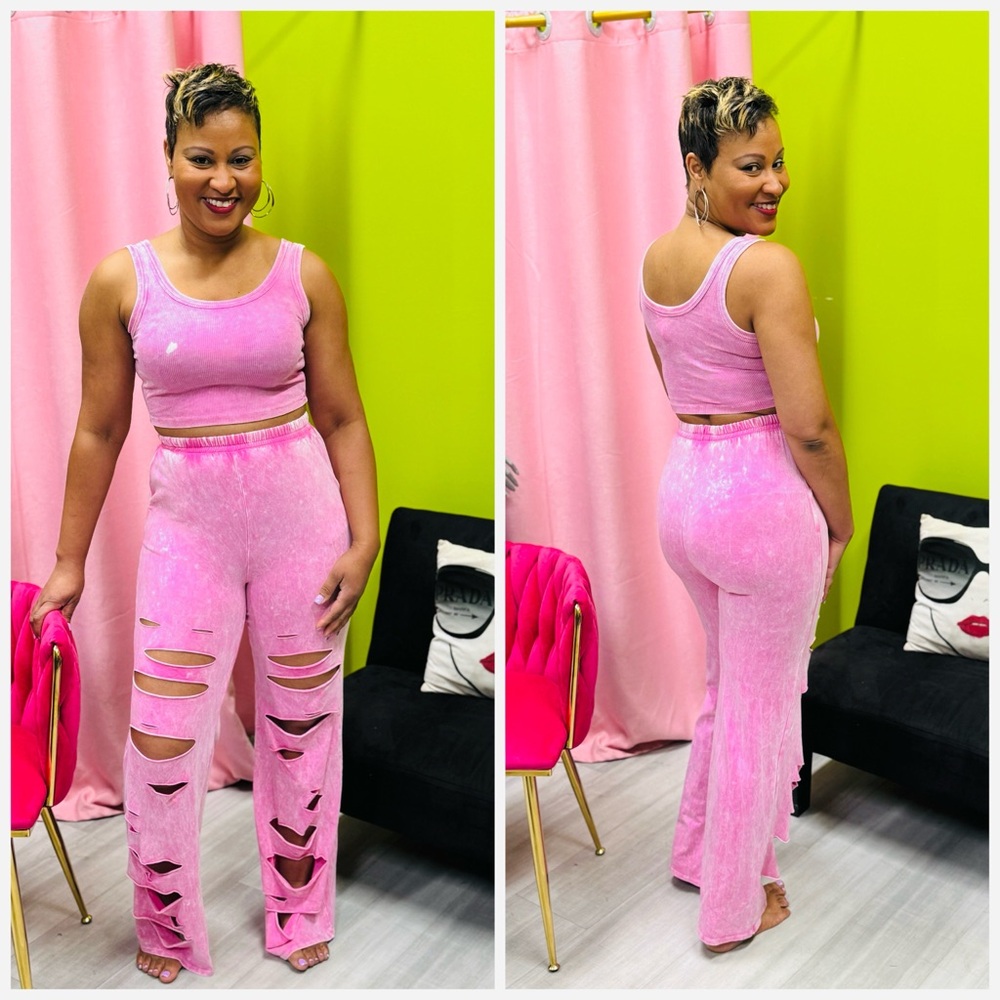 Pink Distressed High-Waisted Pantsuit